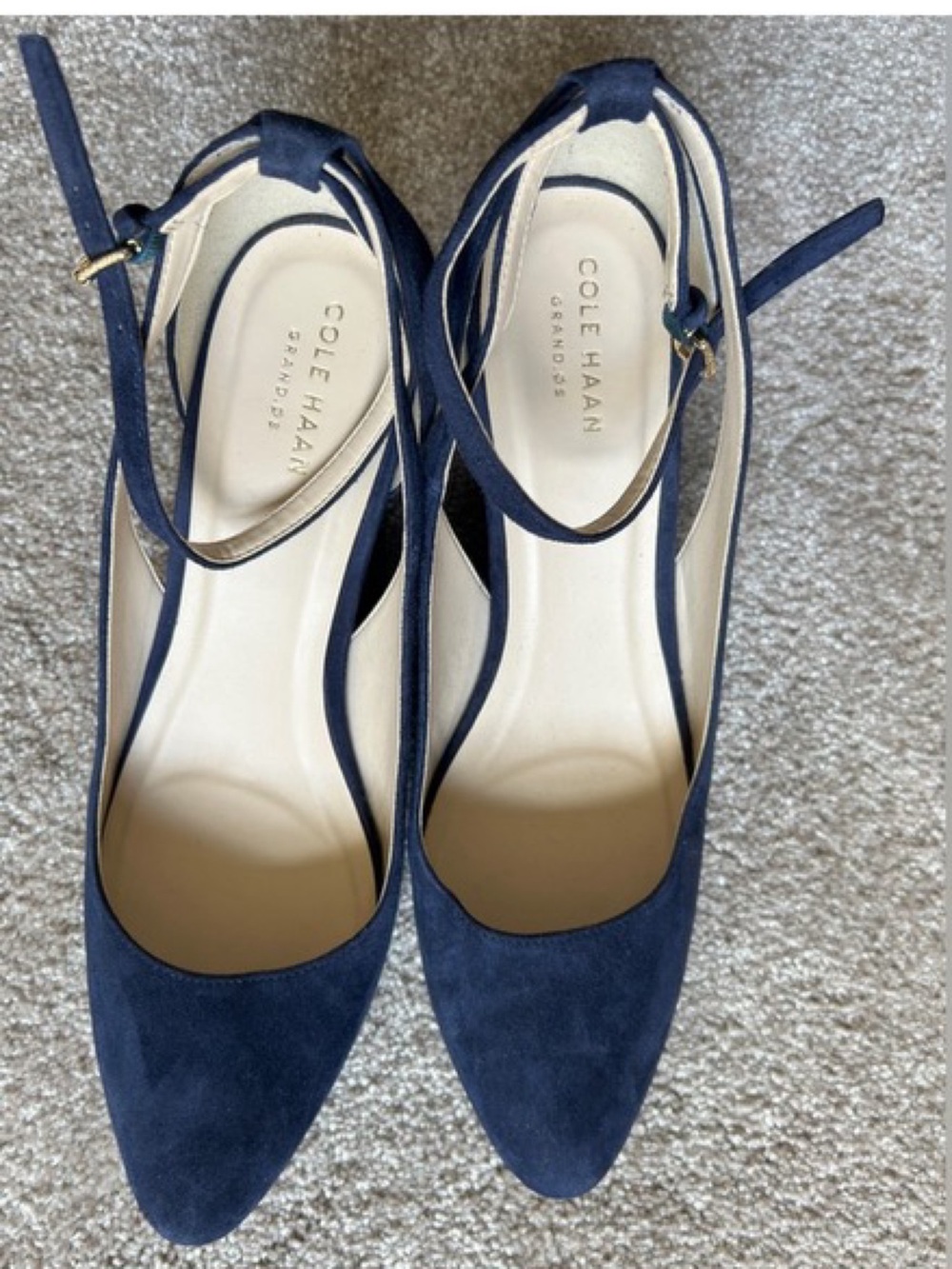 Cole Haan “Lacey Wedge” Marine Blue Suede Ankle-Strap Heels - Size 10